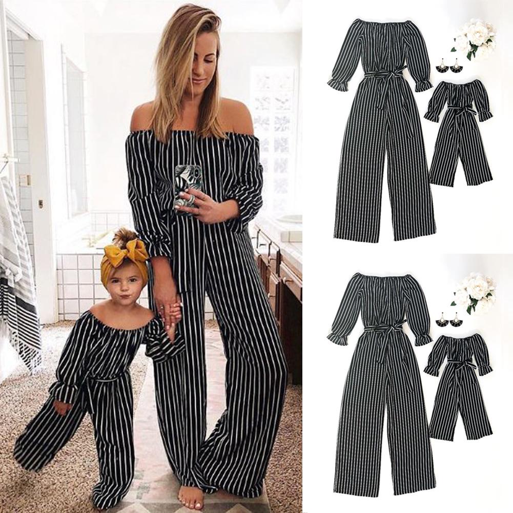 Blue Charlie family matching striped clothing set for mother and daughter, featuring coordinated casual outfits for home and garden wear.