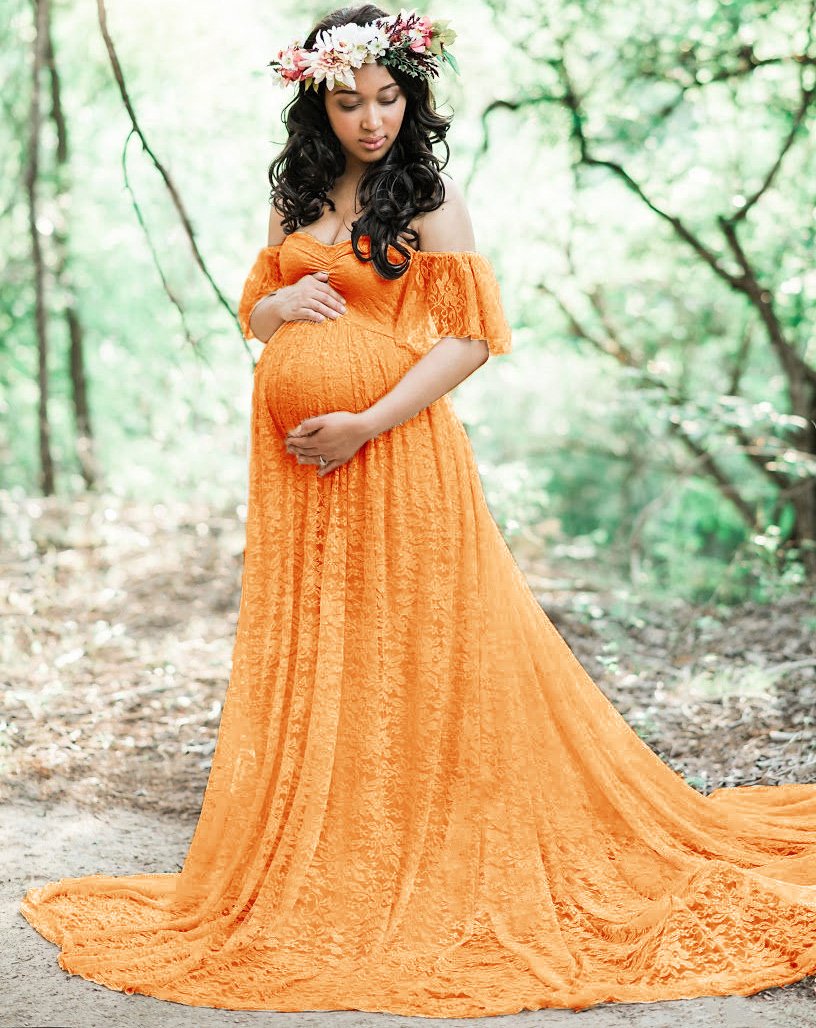 Blue Charlie lace off-the-shoulders maternity gown for wedding or baby shower, featuring long design and elegant style.