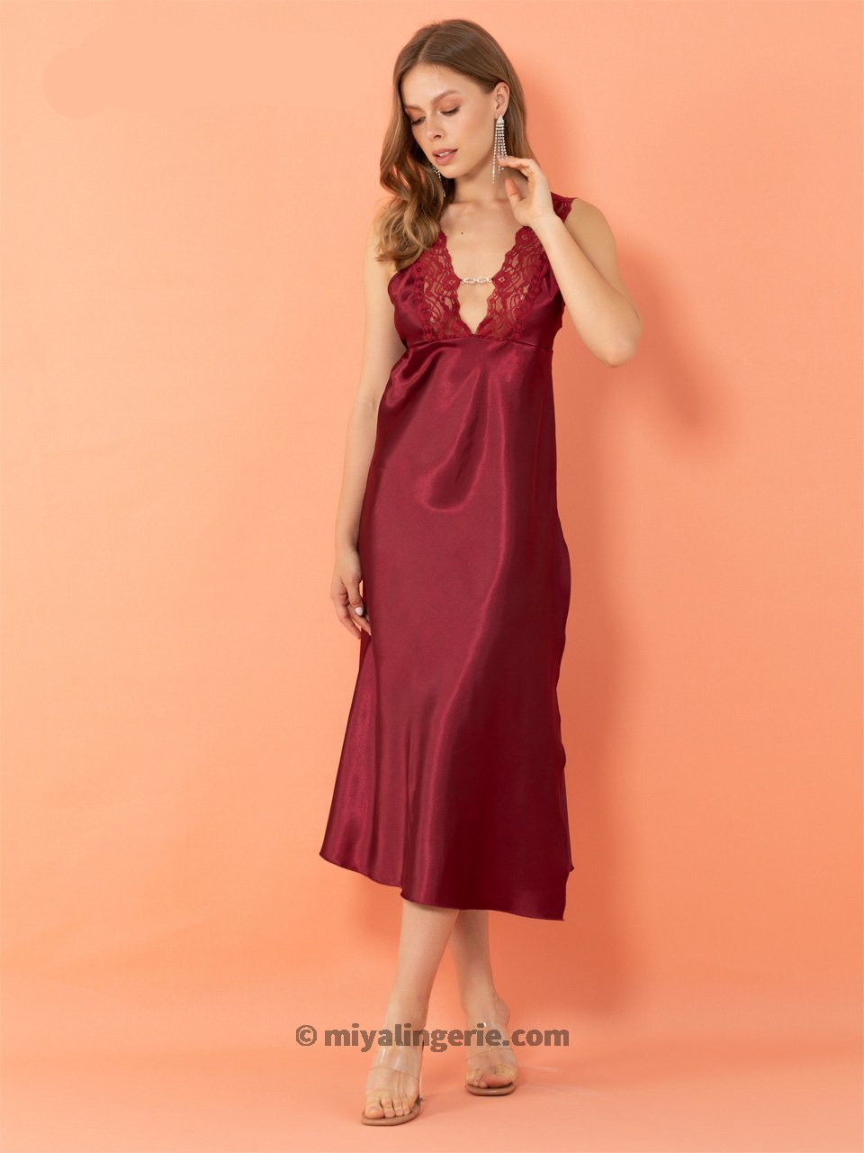 Red high slit nightie dress by Harlequin Icarus, flowing women’s sleepwear with elegant slit detail and soft fabric.