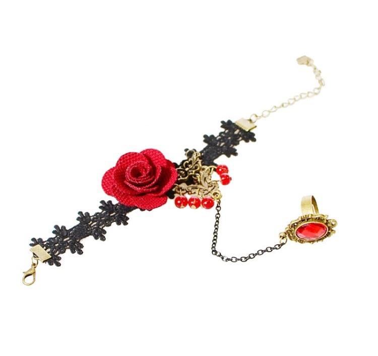 Red Rose design bracelet from Burgundy Uranus featuring a floral motif and delicate band, styled with elegant jewelry.