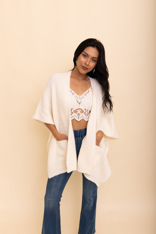 Periwinkle Aether Relax & Chill Autumn Nights boucle cardigan in ivory, cozy and stylish accessories for cooler evenings.