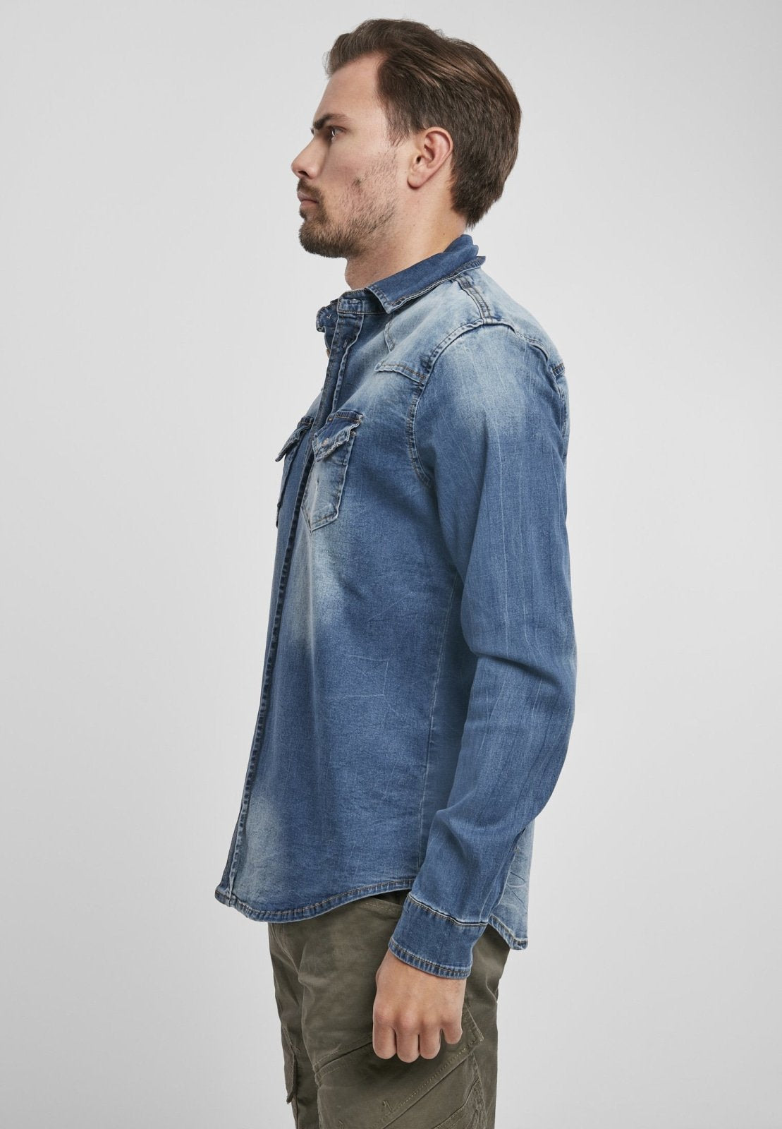 Callisto Riley denim shirt for men featuring classic blue denim fabric and button-down design.