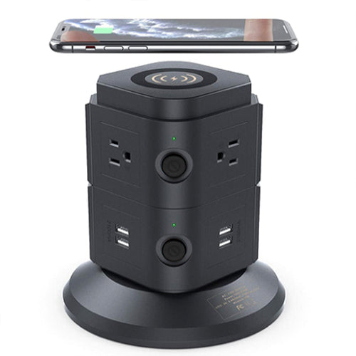 Copper Hecuba ZTECH Power Strip Tower with wireless chargers, multiple outlets and USB ports for charging devices.
