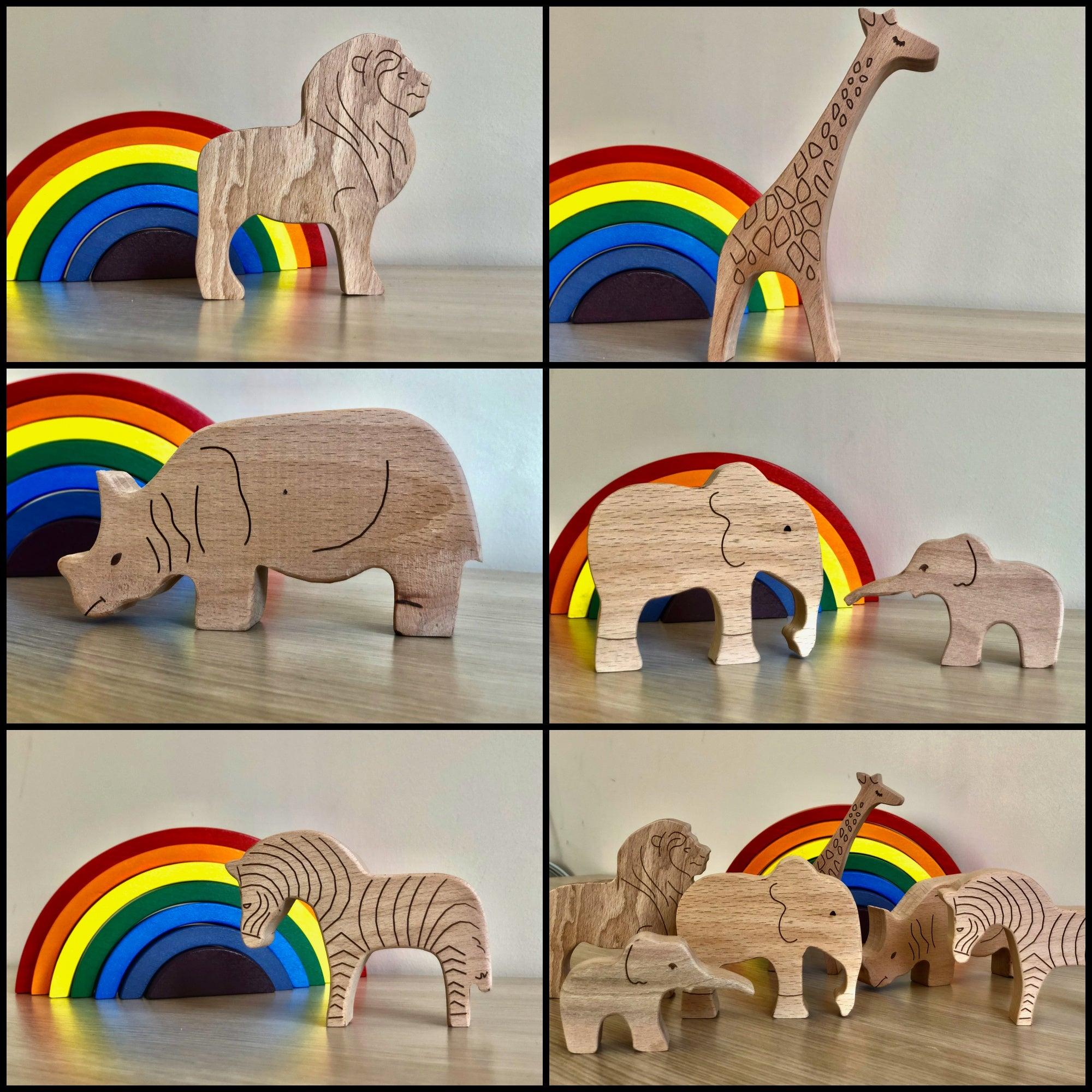 Wooden safari animals set from Red Oceanus, featuring handcrafted animal-shaped furniture pieces for children&