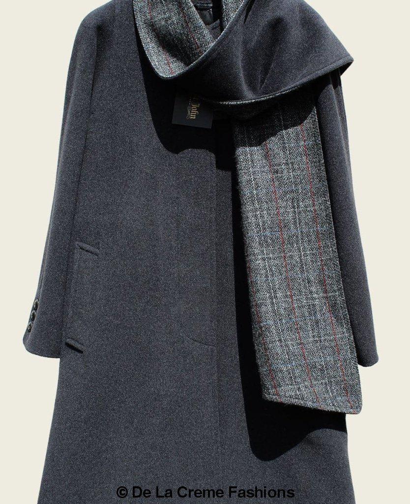 Rose Eleusis Scarpia wool and cashmere overcoat with integrated scarf detail, stylish and warm jackets and coats for cold weather.