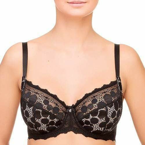 Lime Lucy Lauma Pearly Shadow semi-sheer full-figure lace bra with polka dots in black, designed for full-figure lingerie and comfort.