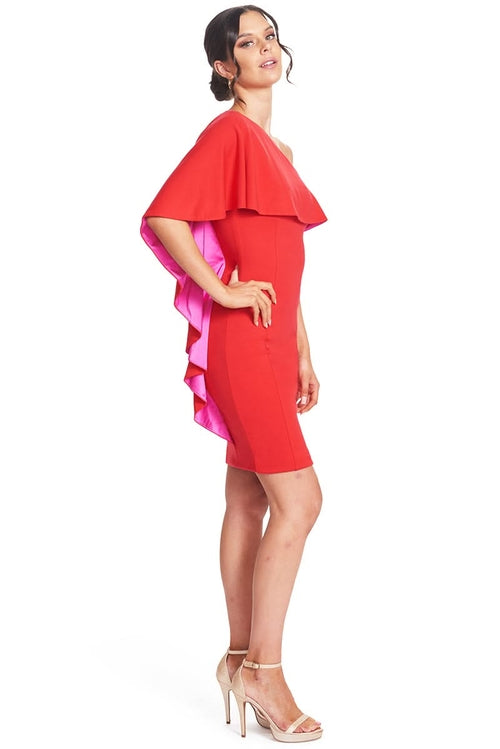 Red Shero asymmetric cape dress by Peach Dionysus, women&