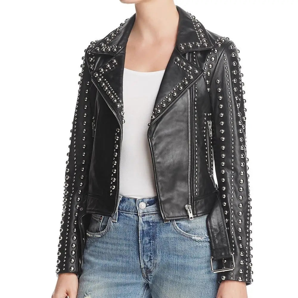 Women’s Silver Studded Punk Fashion Leather Jacket
