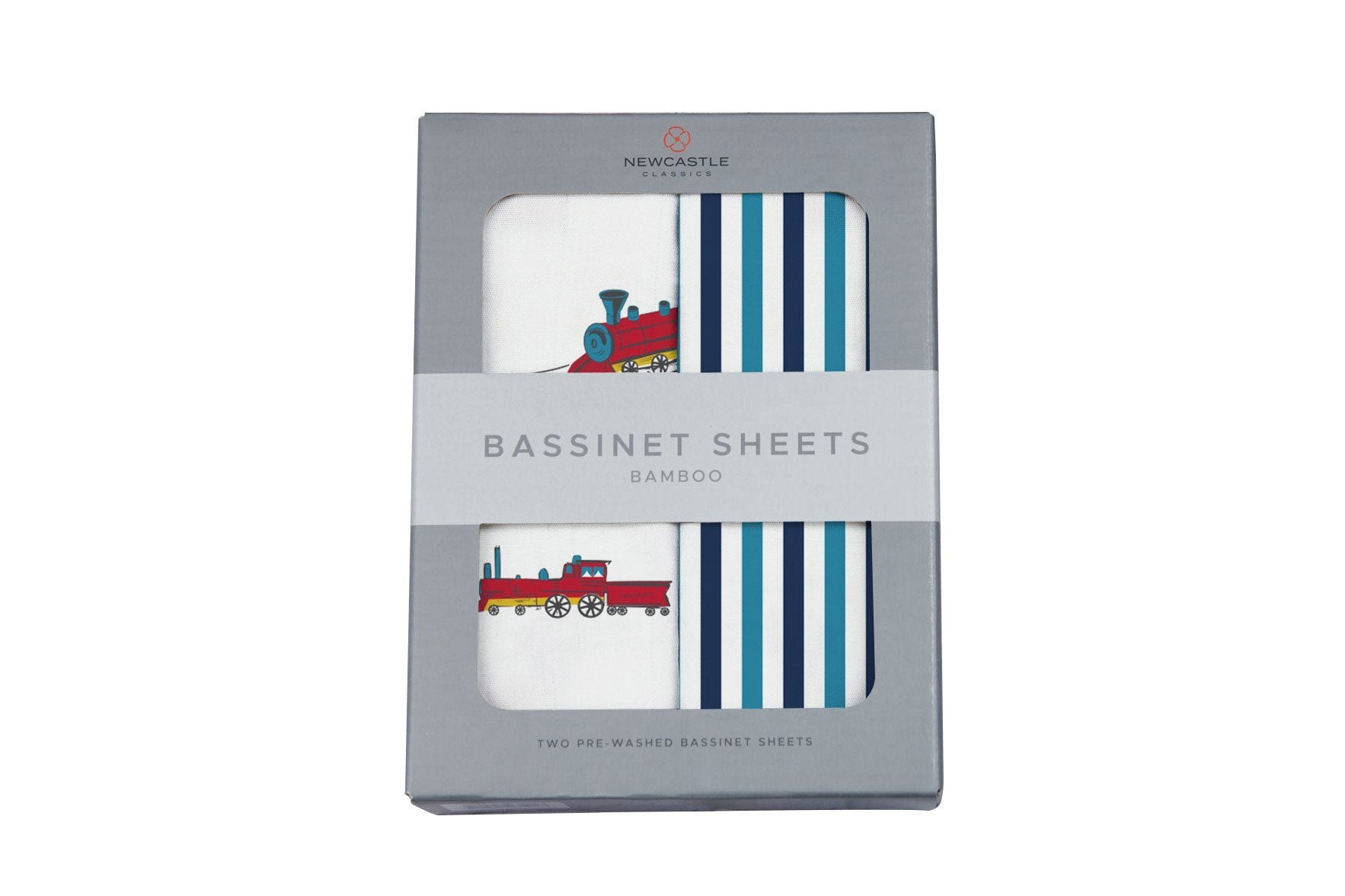 Vintage steam train and blue and white striped bamboo changing pad for kids and babies by Lavender Charlie.