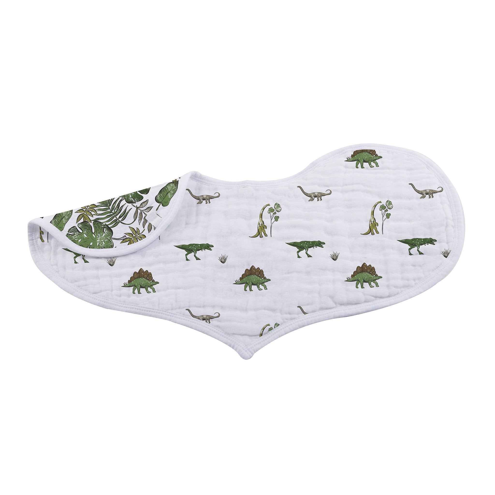 Lavender Charlie Dino Days cotton burp cloth bibs for babies, two-pack in playful dinosaur print, soft and absorbent for kids.