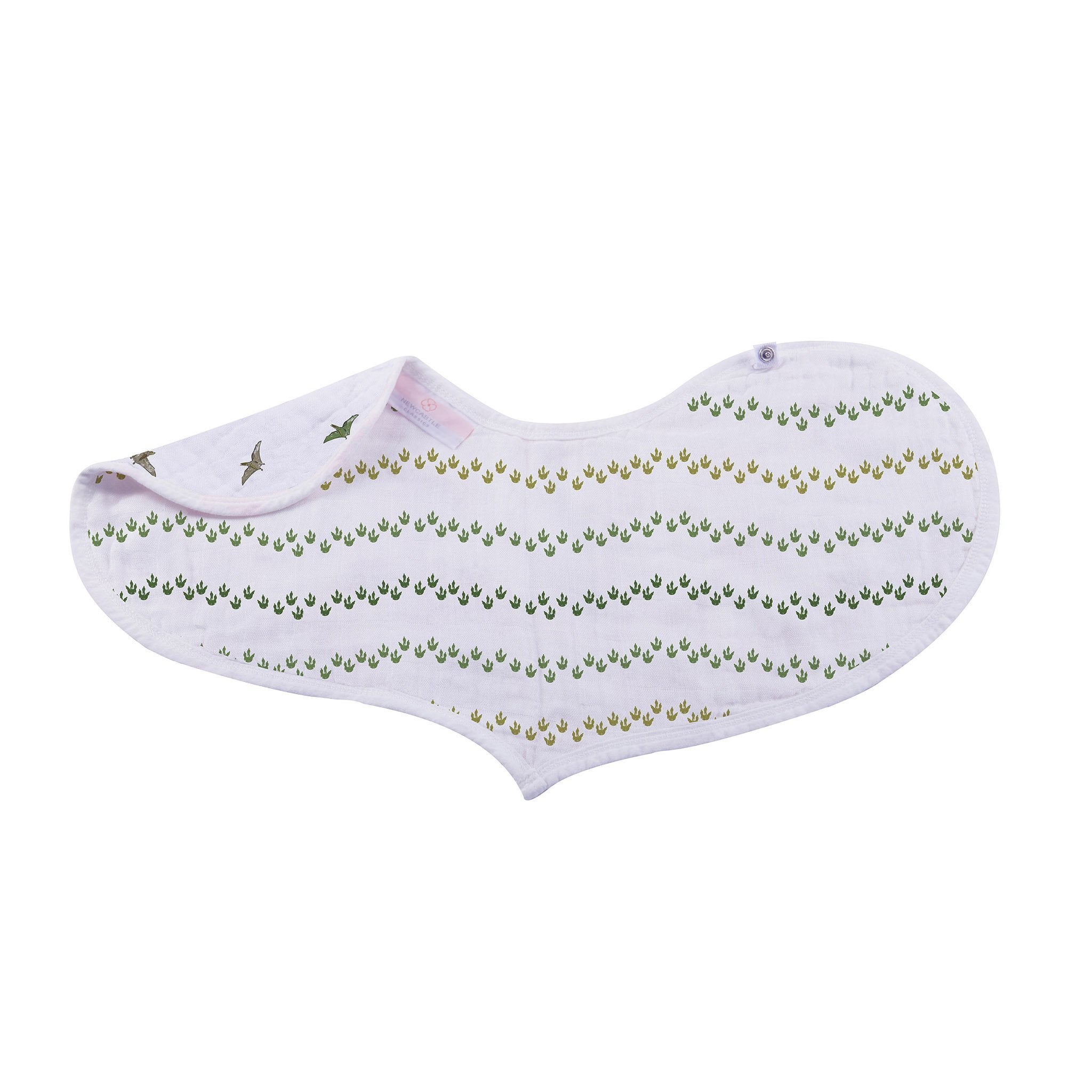 Lavender Charlie Dino Days cotton burp cloth and bib set for babies, featuring colorful dinosaur designs and soft fabric.