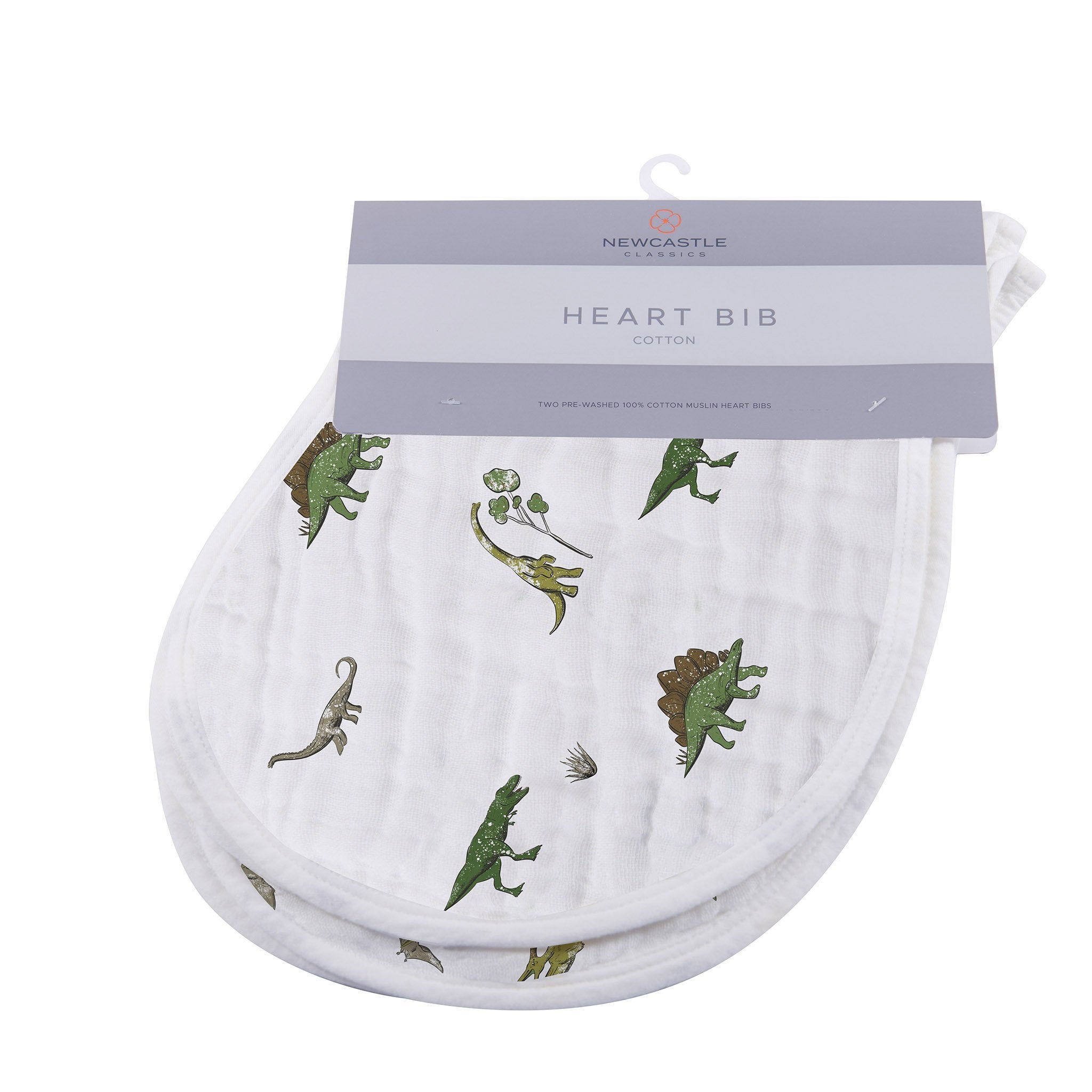 Lavender Charlie Dino Days cotton burp cloths and bibs 2-pack for babies, featuring playful dinosaur prints and soft fabric.