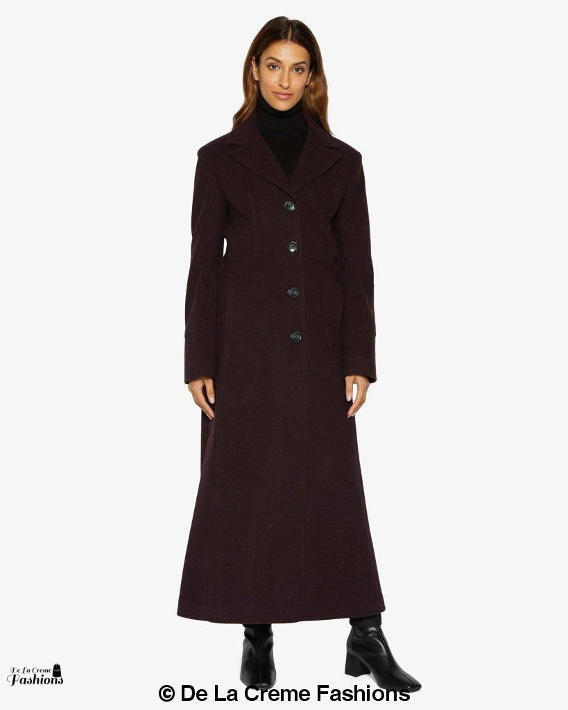 Rose Eleusis slim fit wool blend longline maxi coat in neutral tones, displayed on a hanger.