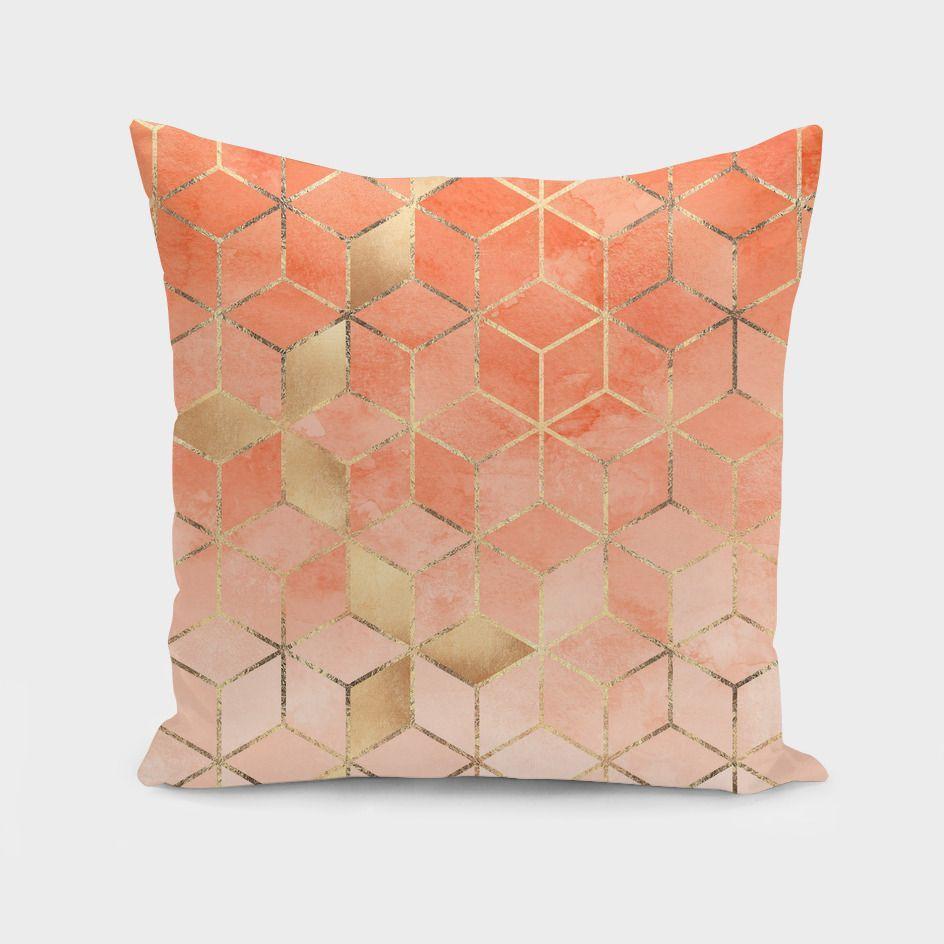 Soft peach gradient cubes cushion by Scorpius, plush textile pillow with geometric cube design for cozy home decor.