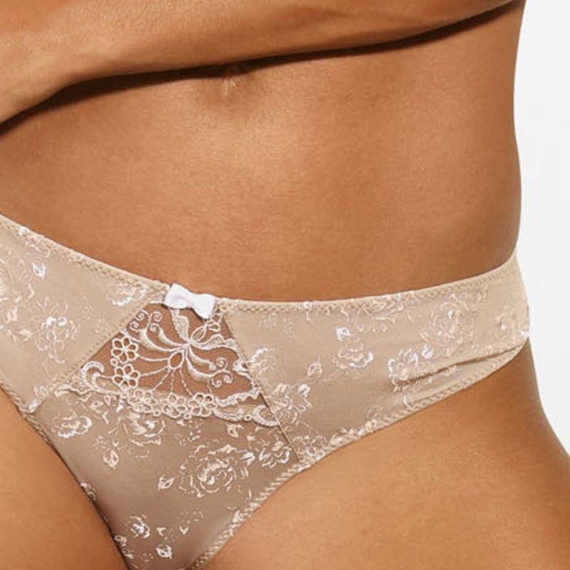 Beige floral semi-sheer thong panty from Lime Lucy Sawren Frappe lingerie collection, featuring delicate floral lace design.