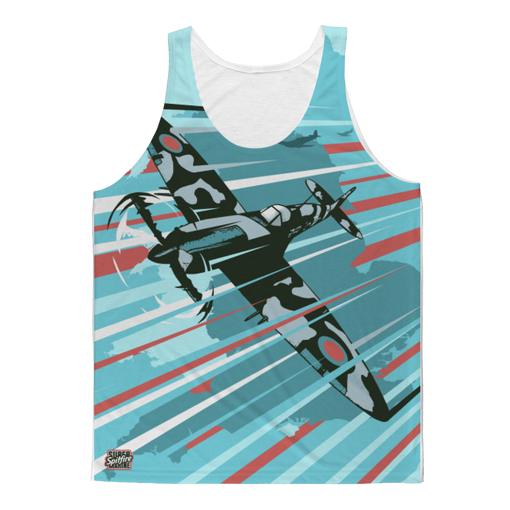 Sky Felix Spitfire Classic Sublimation Adult Tank Top, front view showing vibrant design and lightweight fabric.