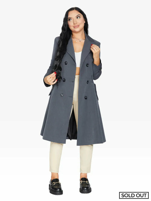 Rose Eleusis grey double-breasted trench coat for spring and summer, stylish jackets and coats for women.