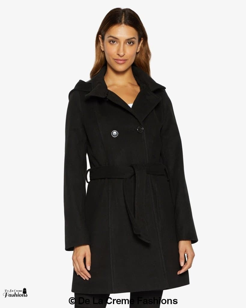 Rose Eleusis double-breasted hooded coat, stylish jacket with a hood and tailored fit, shown in a front view.