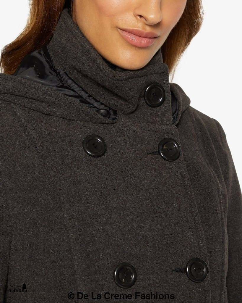 Rose Eleusis double-breasted hooded coat with front pockets, tailored fit, and adjustable drawstrings, in a stylish winter jacket design.