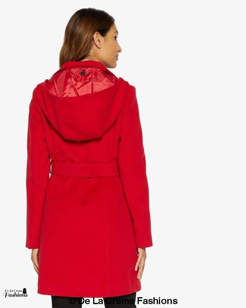 Rose Eleusis double-breasted hooded coat, stylish jacket with front buttons and a hood, shown in a natural outdoor setting.