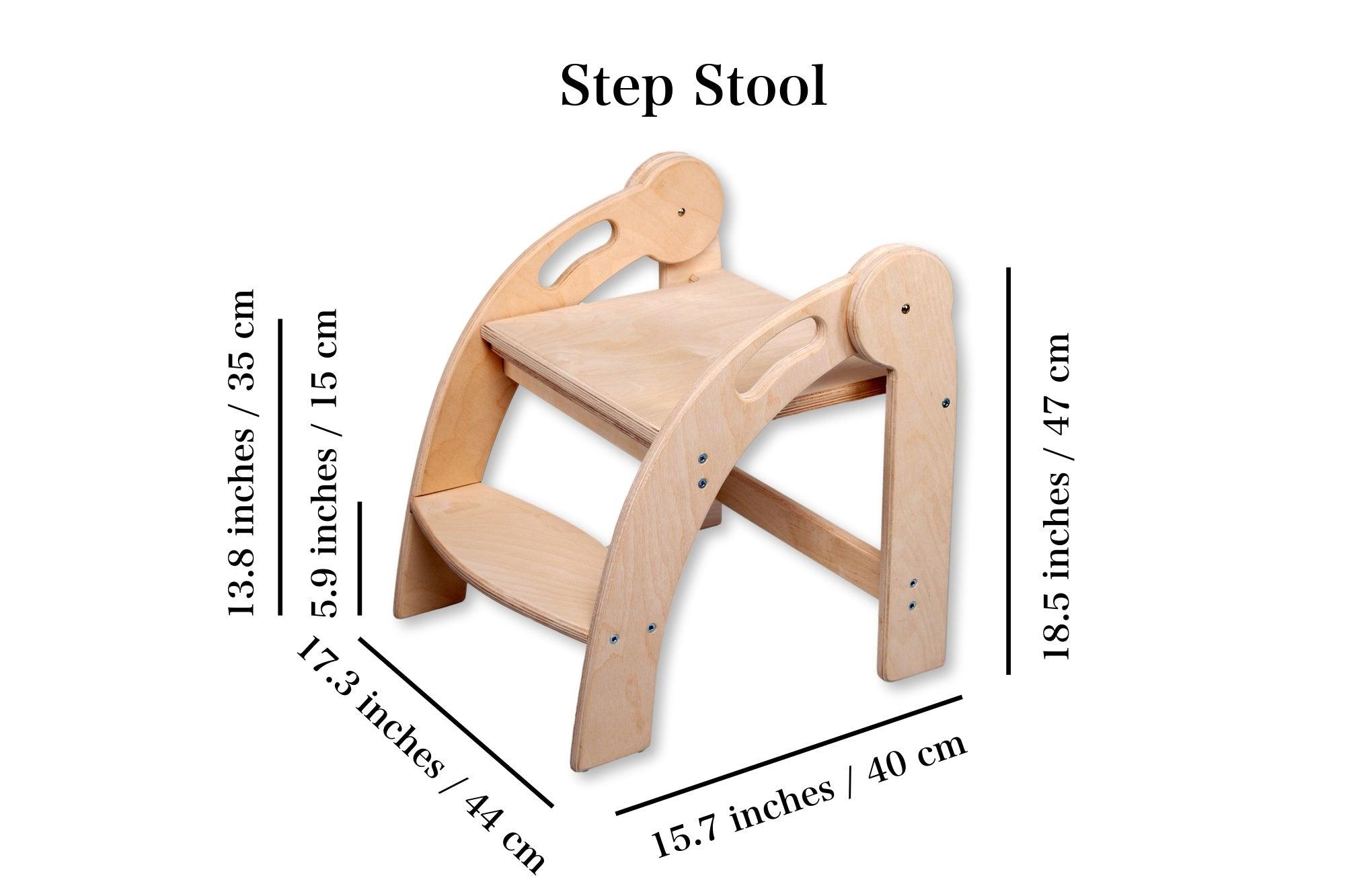 Red Oceanus foldable Montessori kitchen step stool with a sturdy wooden design and non-slip steps for safe child use.