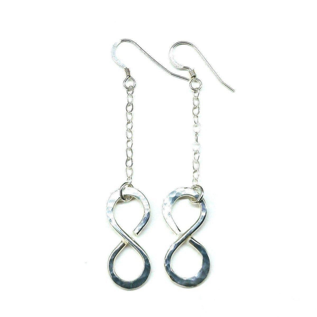 Sterling silver infinity earrings with hammer pattern by Blue Crius, featuring a sleek, modern design and polished finish.