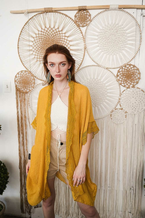 Mustard Sunshine Lace Trim Kimono by Periwinkle Aether, lightweight accessories with delicate lace detailing and relaxed fit.