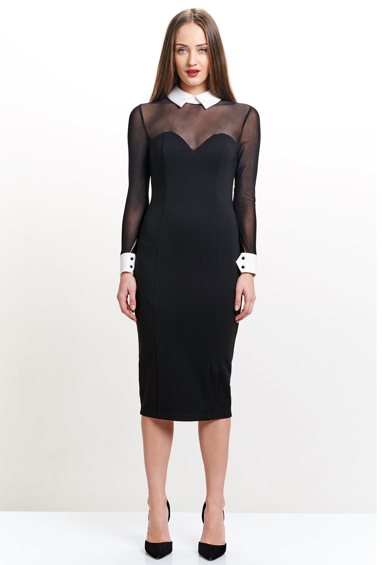 Black and white Tuxedo Illusion Sheath Dress by Peach Dionysus featuring long sleeves and a midi length, elegant and stylish.