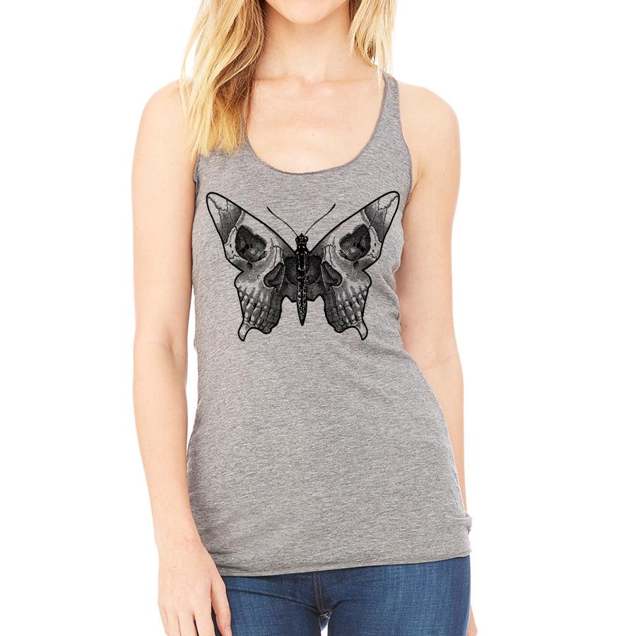 Indigo Tiger butterfly skull racerback tank top featuring a vibrant butterfly and skull graphic on soft fabric.
