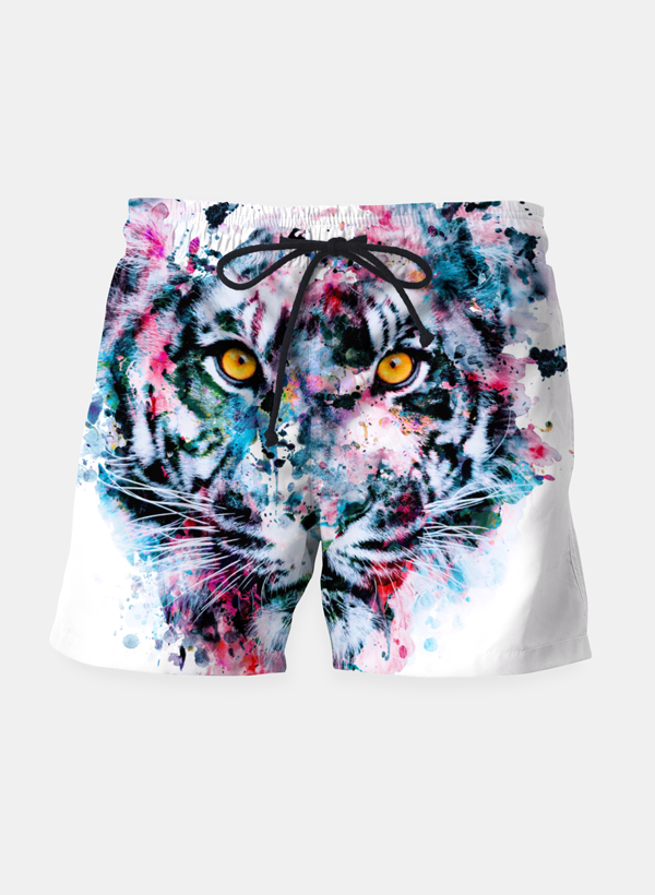 Blue tiger print shorts by Sky Felix, featuring a casual design with a comfortable fit and vibrant animal pattern.