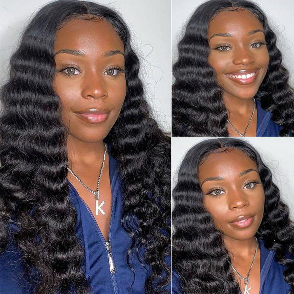 Loose deep wave human hair U part wig for Black women, Brazilian Remy quality, with lace front and transparent base.