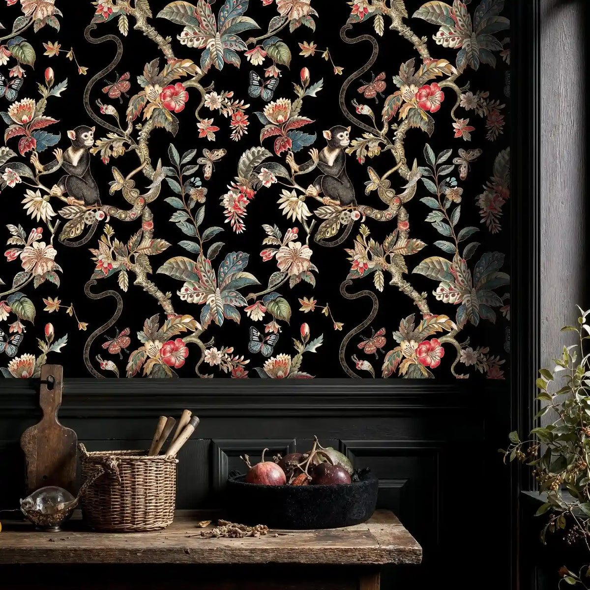 Exotic Monkey and Floral Wallpaper