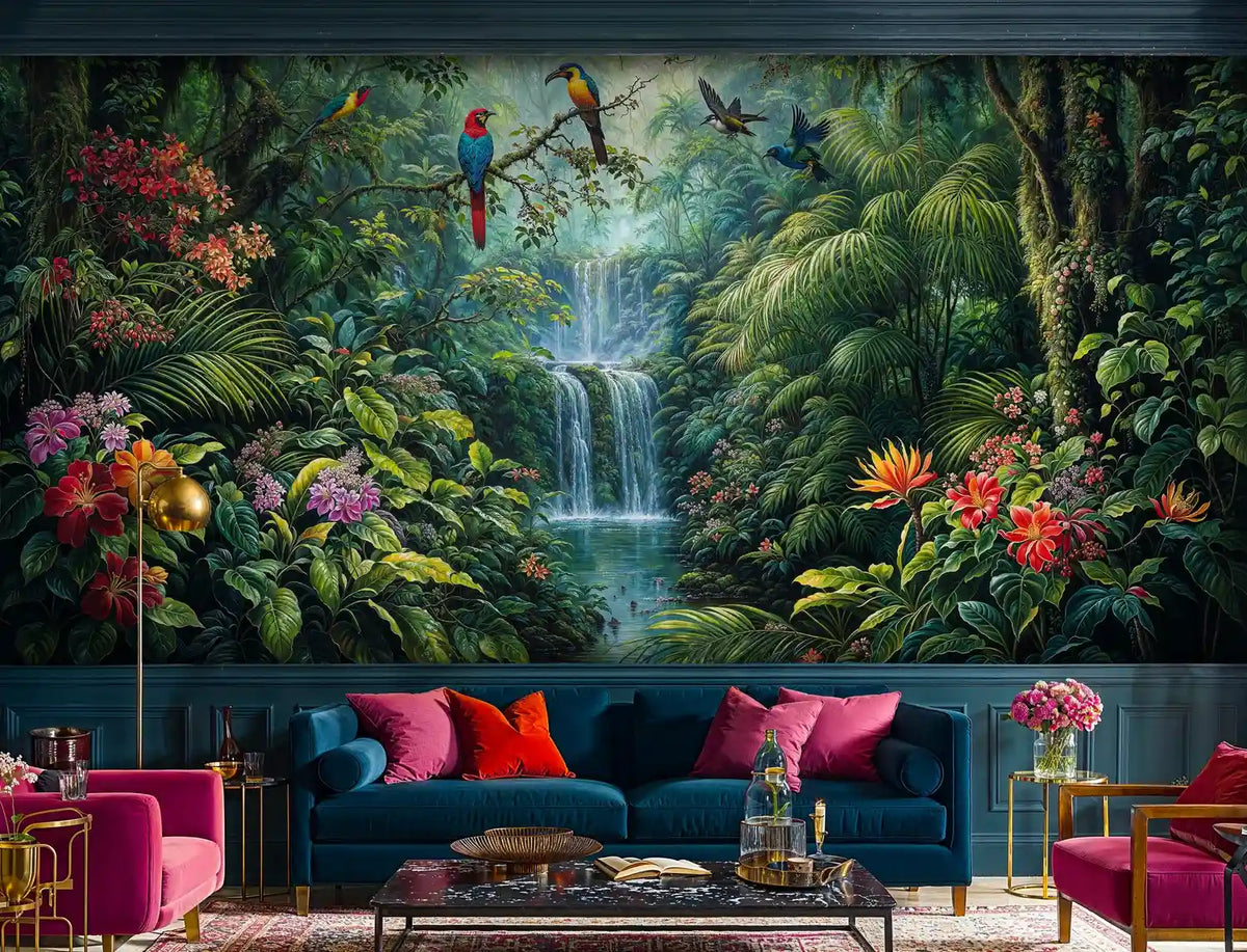 Tropical Waterfall with Exotic Birds Wall Mural