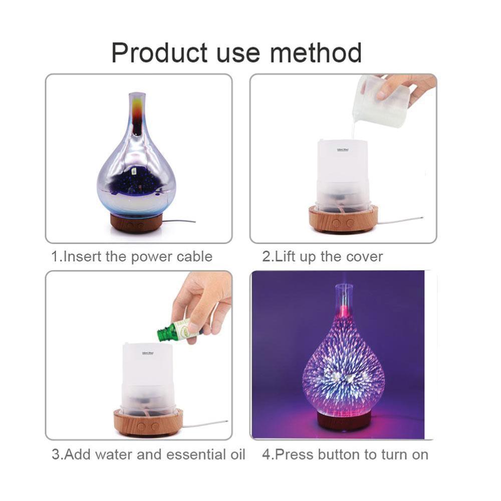 Ozdingo Essential Oil Aroma Diffuser with 3D Fireworks mirror design, ultrasonic glass air diffuser and humidifier for aromatherapy.