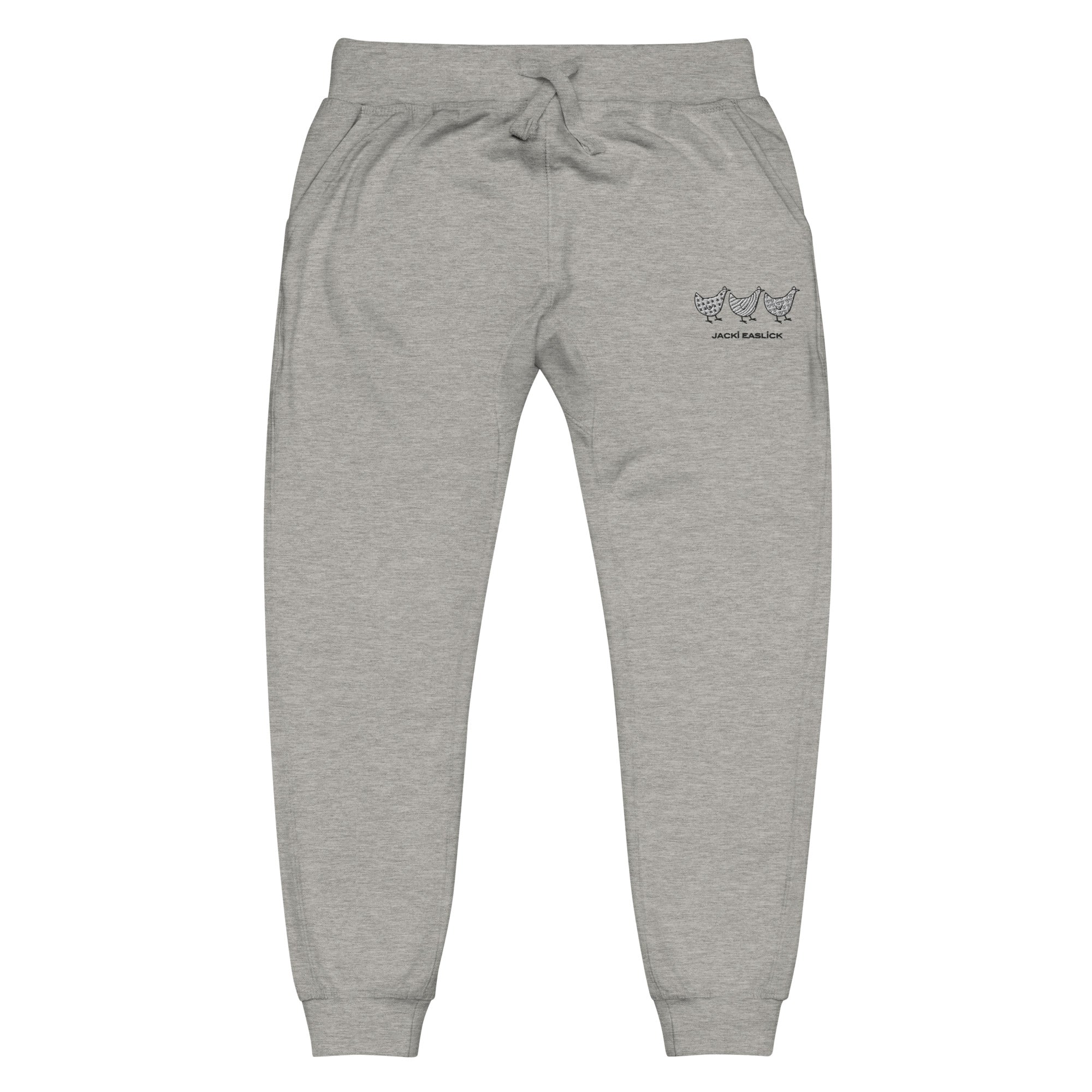 Yellow Eleusis Jacki Easlick Three Chickens unisex fleece sweatpants in carbon grey, front view showing comfortable, casual style.