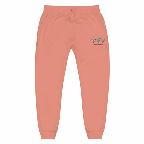 Yellow Eleusis Jacki Easlick Three Chickens unisex dusty rose fleece sweatpants with front pockets and relaxed fit.