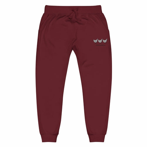 Maroon Jacki Easlick Three Chickens unisex fleece sweatpants with front pockets and relaxed fit, by Yellow Eleusis.
