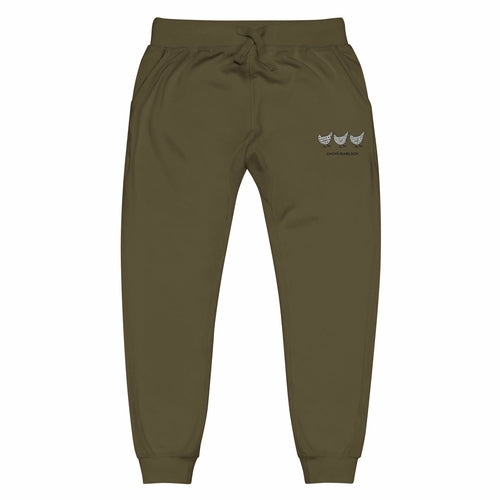 Yellow Eleusis Jacki Easlick Three Chickens unisex fleece sweatpants in military green, front view showing waistband and relaxed fit.