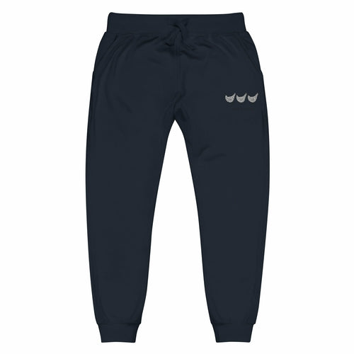 Yellow Eleusis Jacki Easlick Three Chickens unisex navy fleece sweatpants with front pockets and relaxed fit.