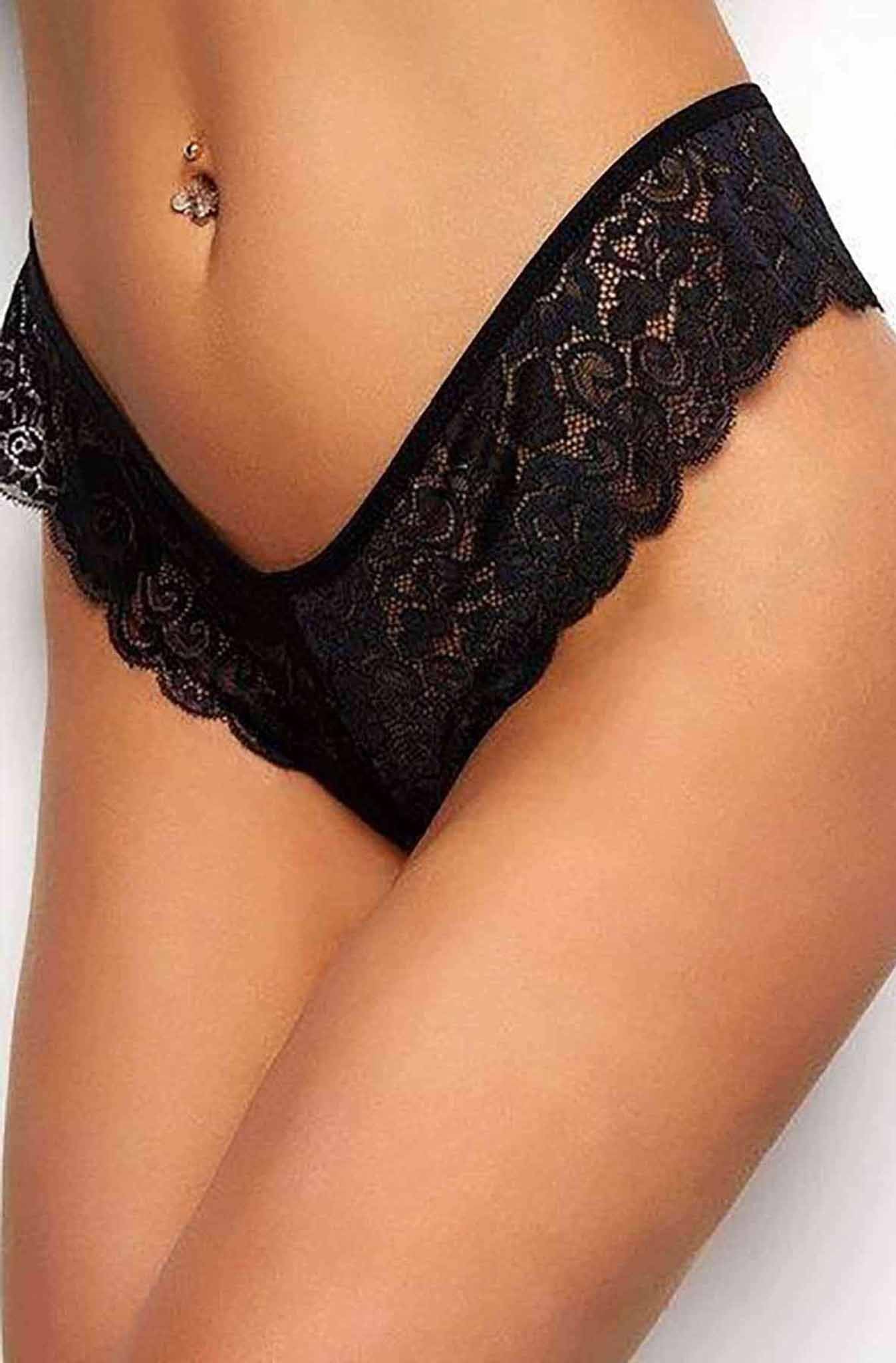 Black trim lace thong with V-back and criss-cross design, women&