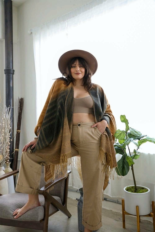 Western style colorblend tassel serape accessory in khaki with vibrant tassels, featuring a stylish and colorful design by Periwinkle Aether.