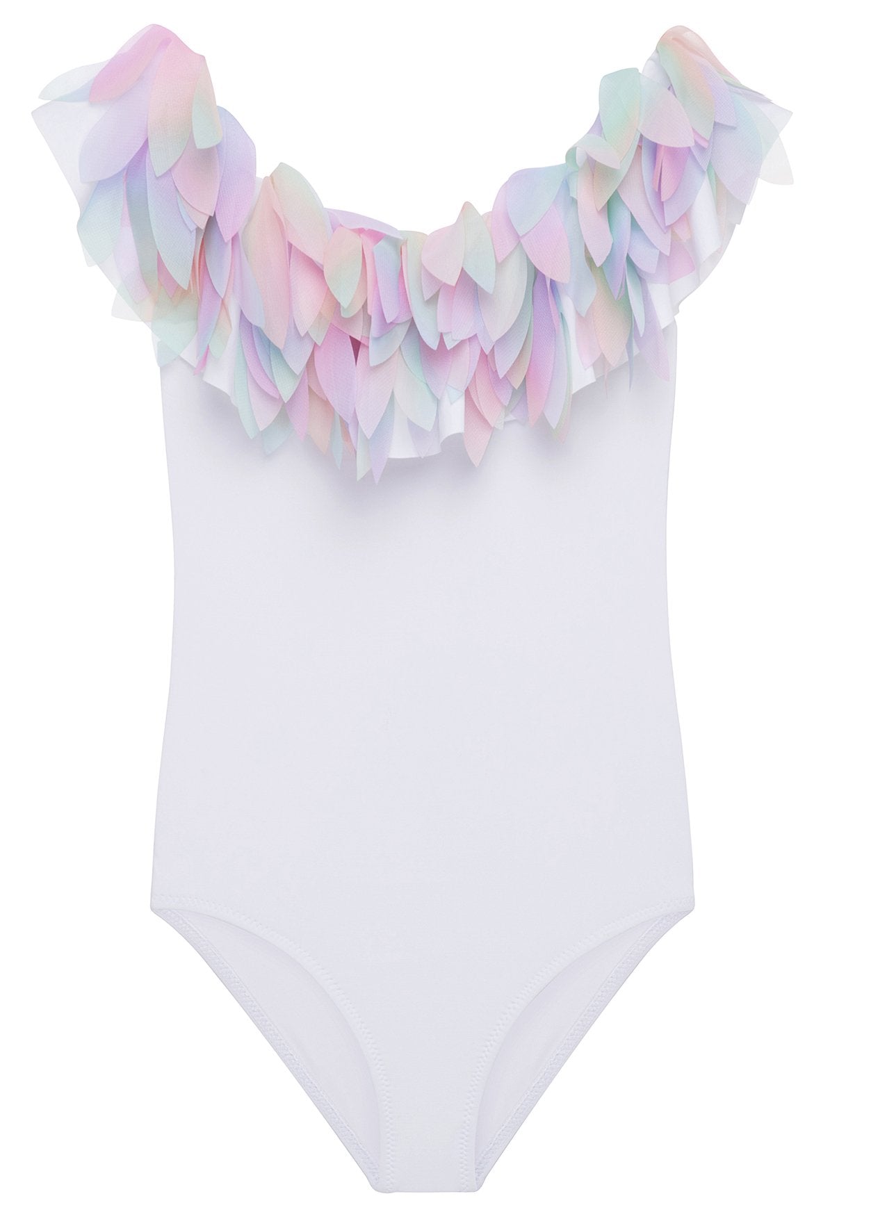 White drape swimsuit with colorful rainbow petal accents for kids, designed by Ivory Trillium.