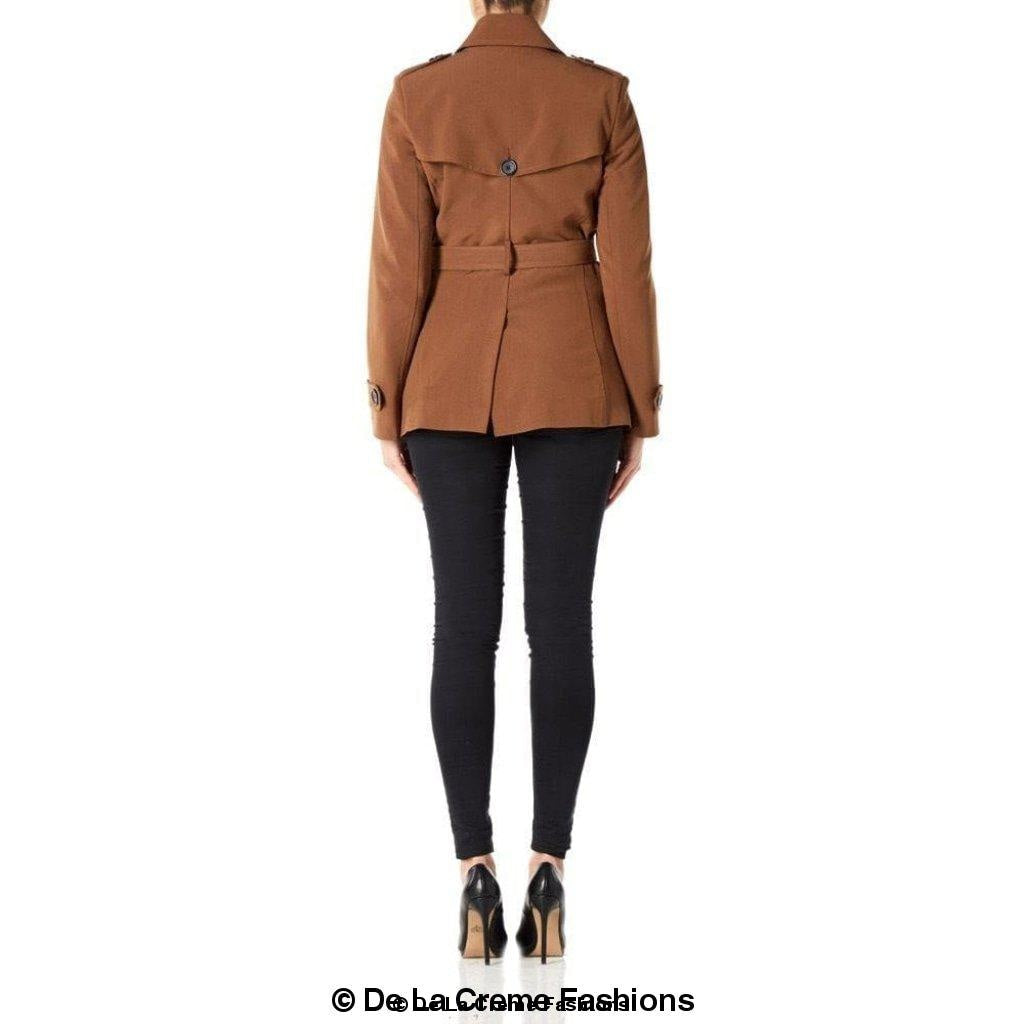 Women’s Spring/Summer double-breasted belted coat by Rose Eleusis, short length, lightweight jacket with lapel collar and belt.