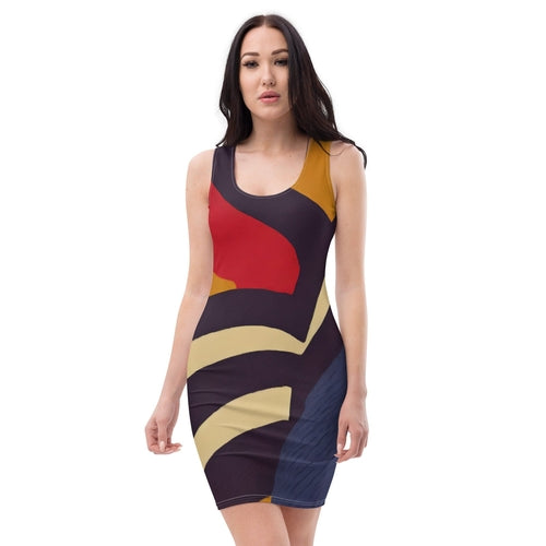 Women’s stretch-fit bodycon dress with colorblock lines in brown, red, and blue by Grey Coco.