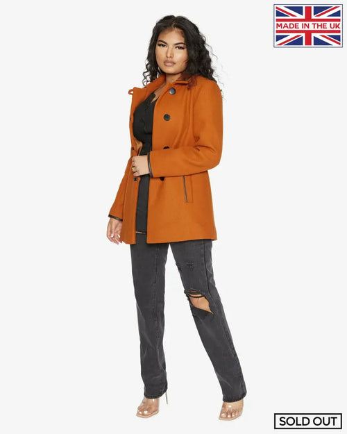 Rose Eleusis wool blend contrast trim coat in orange, stylish jacket with contrasting details, perfect for cooler weather.