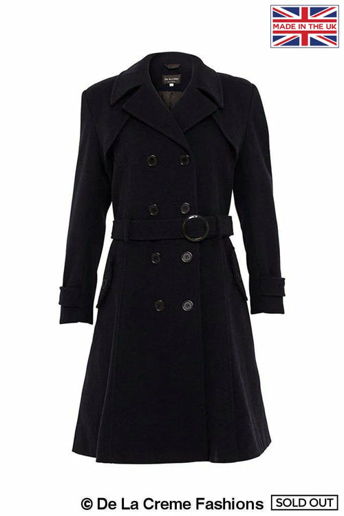 Navy faux wool blend double-breasted coat by Rose Eleusis, shown on a model, with classic lapels and button details.