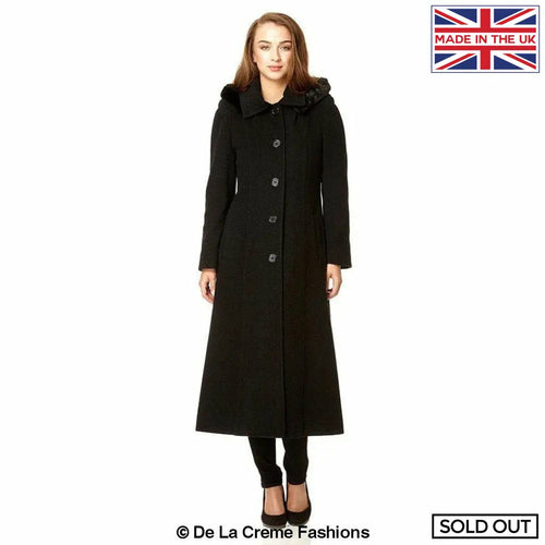 Black Wool Feel Faux Fur Trim Hooded Long Coat by Rose Eleusis, stylish jacket with cozy faux fur accents and hood.