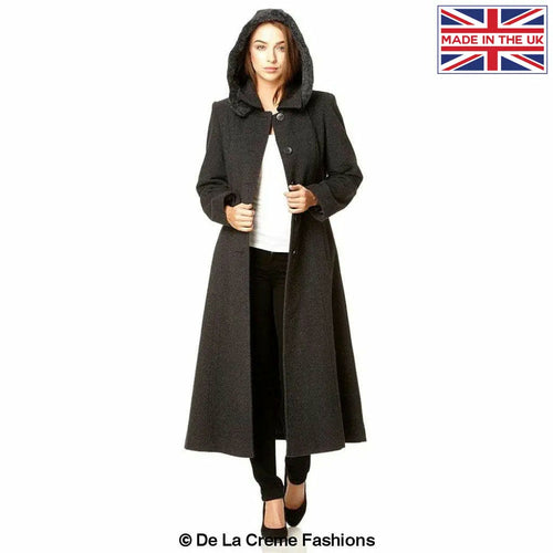 Gray Wool Feel Faux Fur Trim Hooded Long Coat by Rose Eleusis, stylish jacket with cozy faux fur trim and hood.
