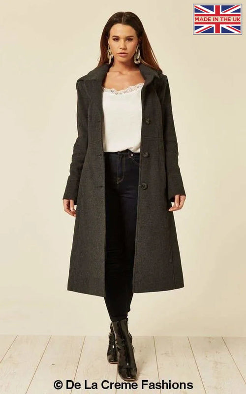Grey Wool Blend Hooded Mid Length Coat by Rose Eleusis, shown on a mannequin, featuring a cozy hood and stylish mid-length design.