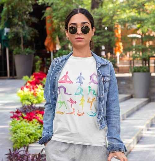Yellow Pandora yoga poses print jersey short sleeve T-shirt featuring vibrant yoga pose illustrations on soft fabric.